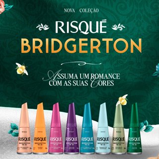 Esmalte Risqué Bridgerton Coleção 8 cores - Querida Leitora, A Autora Revelada, Diamante da Temporada, Sua Majestade, a Rainha, Uma Abelha me Contou, A Vez da Penélope, Regendo Minha História e Escândalo de Whistledown. Lançamento