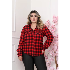 Camisa Xadrez Plus Size Feminina Viscose Com Bolsos SD869