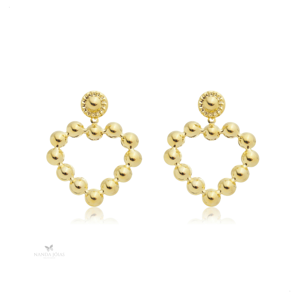 Brinco Feminino Elegante Luxo Formato Coração Banhado Em Esferas Folheado A Ouro 18k