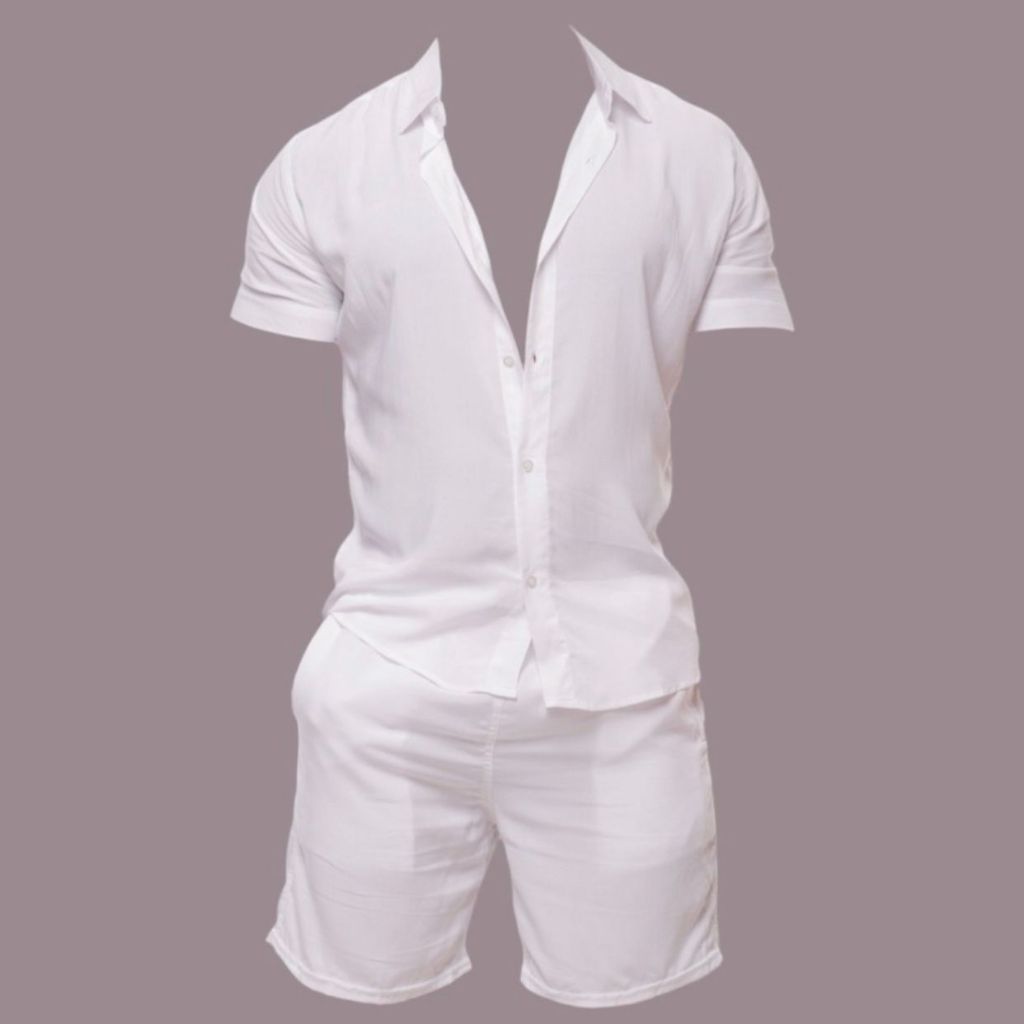 Camisa Conjuntos listrada e lisa masculina slim fite Manga curta férias na praia viscolinho