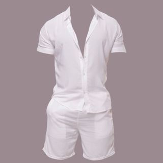 Camisa Conjuntos listrada e lisa masculina slim fite Manga curta férias na praia viscolinho