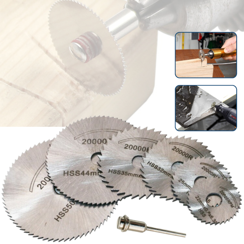 Kit 7pcs Mini Discos Serra Circular Pontas Montadas Hss P/ Micro Retificador Furadeira Retifica Dremel 20000 RPM + Haste 1/8 Corta Madeira Metal Plástico Alumínio Cano EVA Laminado MDF PVC Acessórios de Corte Profissional Jogo Ferramenta Resistente em Oferta na Shopee