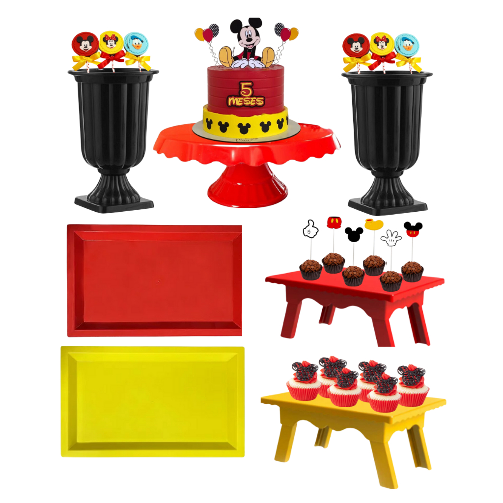 Kit Decoração Mickey Mouse Boleira + Vaso Decorativo + Mesinha Doces + Bandeja Festa Temático Disney