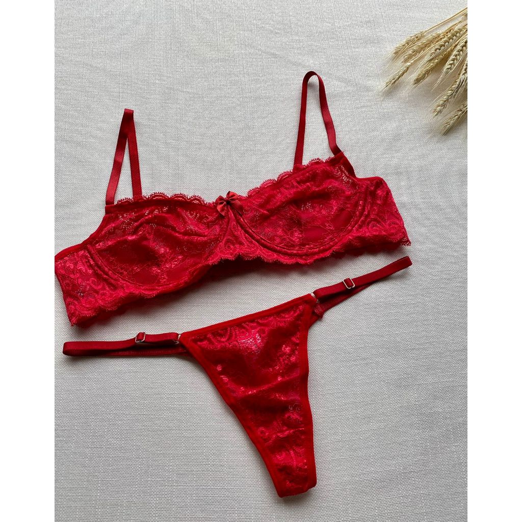 Conjunto Sutiã De Renda Sem Bojo Com Aro Com Calcinha Fio Dental De Renda Lingerie