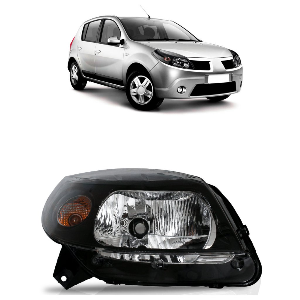Farol Dianteiro Sandero 2007 2008 2009 2010 2011 Máscara Negra Lente Lisa Acrilico Foco Simples