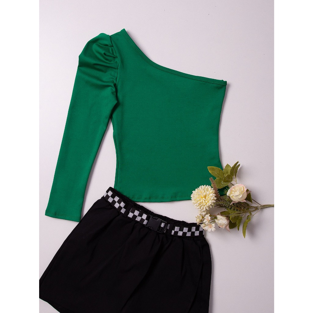 conjunto para crianças e adolescente shorts saia e blusa mula manca com cinto