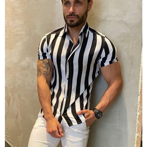 camisa masculino manga curto listrada slim fit adulto em Oferta na Shopee