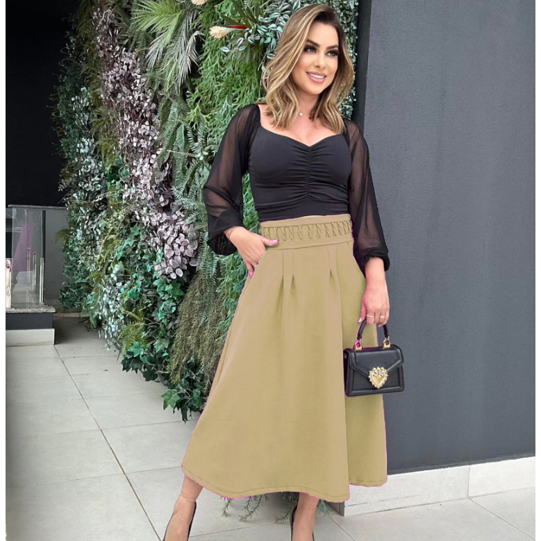 Saia Tecido de Alfaiataria Viscose Midi (média) bege escuro caramelo creme marrom lisa Godê Evasê Rodada Transpassada social 3 marias moda evangélica