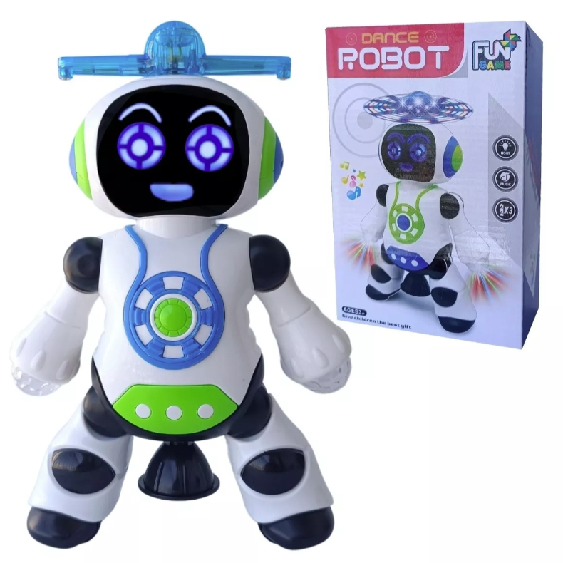 Robô de brinquedo que dança e Gira 360 emite Luz Musica Dance Robot