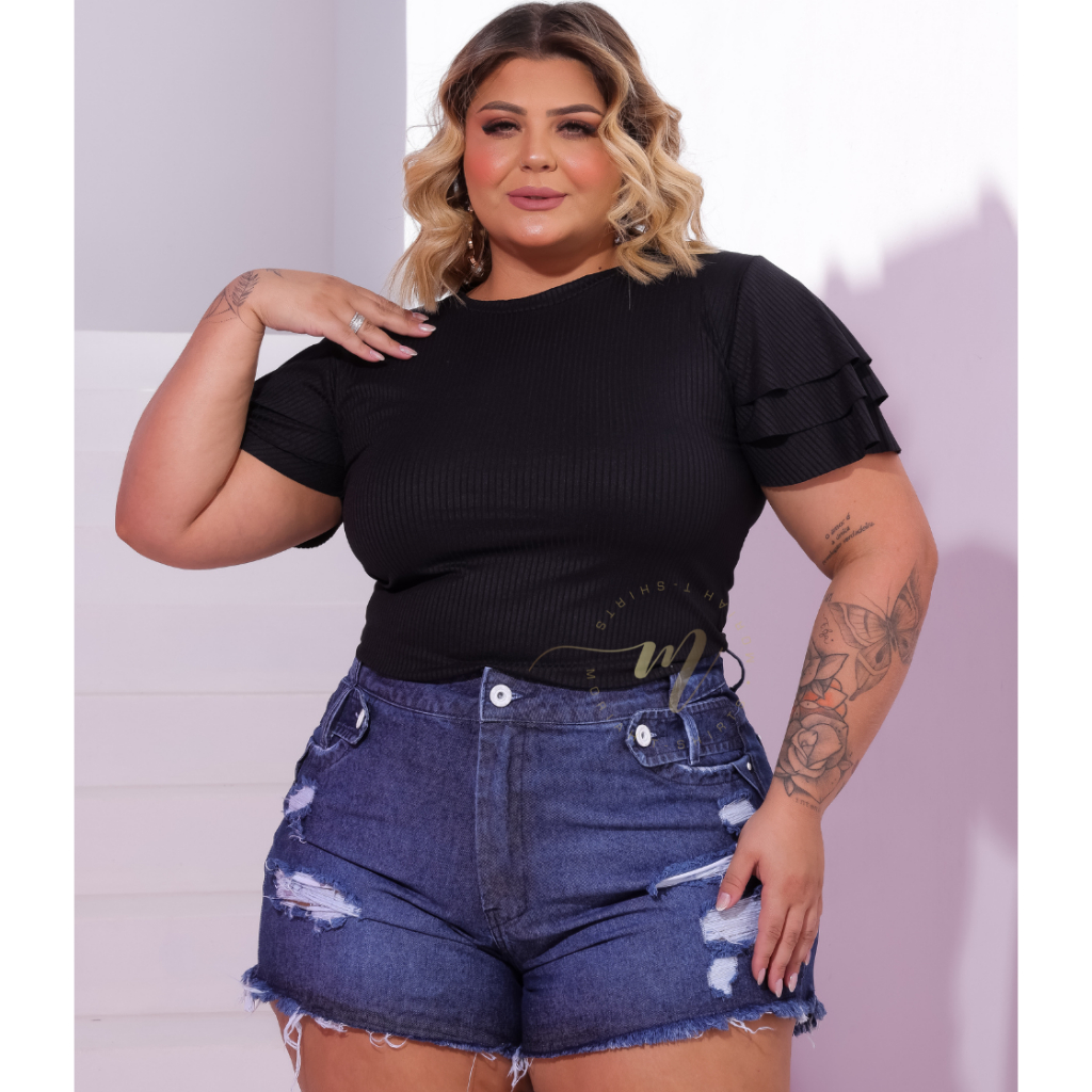 Blusa Feminina Plus Size Canelada Com Manga 3 Babados Detalhe Tendencia Moda