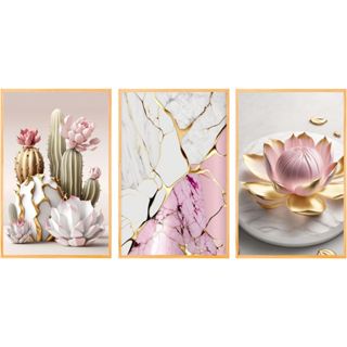 Quadro decorativo para quartos e salas cactos rosa e branco flores 3 peças n016(CACTO) em Oferta na Shopee