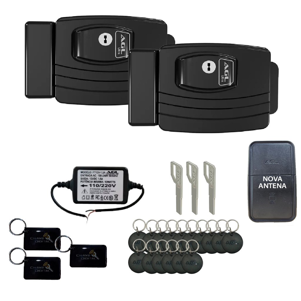 KIT 2 FECHADURAS ELETRONICAS AGL ULTRA CARD PRETA - 42MM CHAVE E-CODE + 15 TAGS EXTRAS