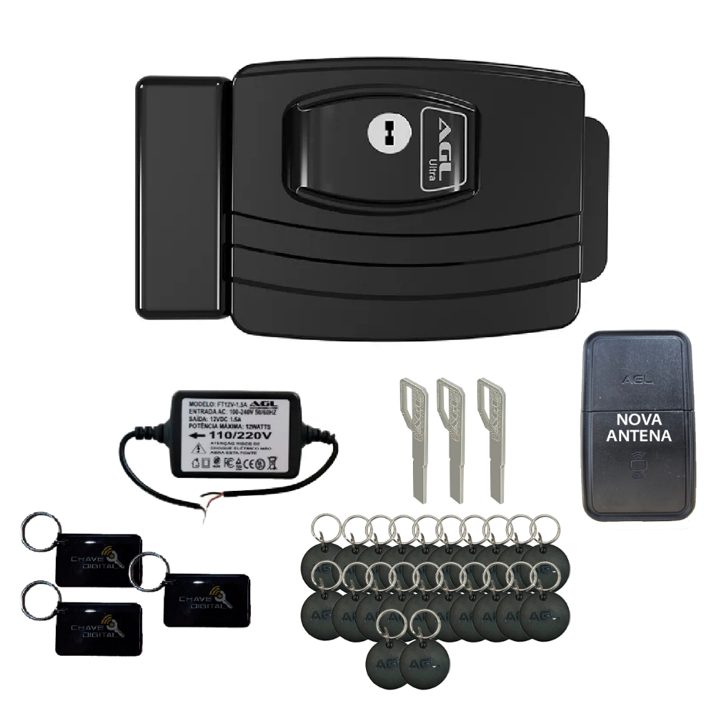 FECHADURA ELETRONICA AGL ULTRA CARD PRETA - 42MM CHAVE E-CODE + 20 TAGS EXTRAS