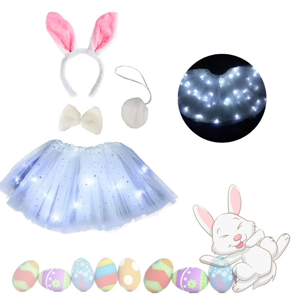 Fantasia Feminina Infantil e Adulta Coelhinho da Páscoa Tiara e saia com led kit completo Promo