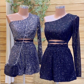 Cropped Fashion Nula Manga em Paetê c/ amarração na cintura Manga Longa Única Blusa de Brilho Curta ombro a mostra