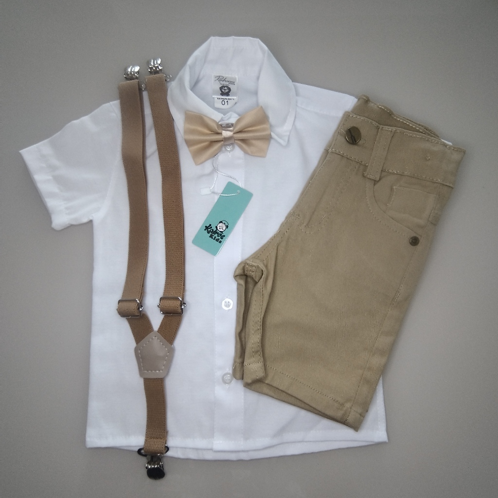 Conjunto Liso com Bermuda  Suspensório Gravata Bege, e Camisa Branca Manga Curta
