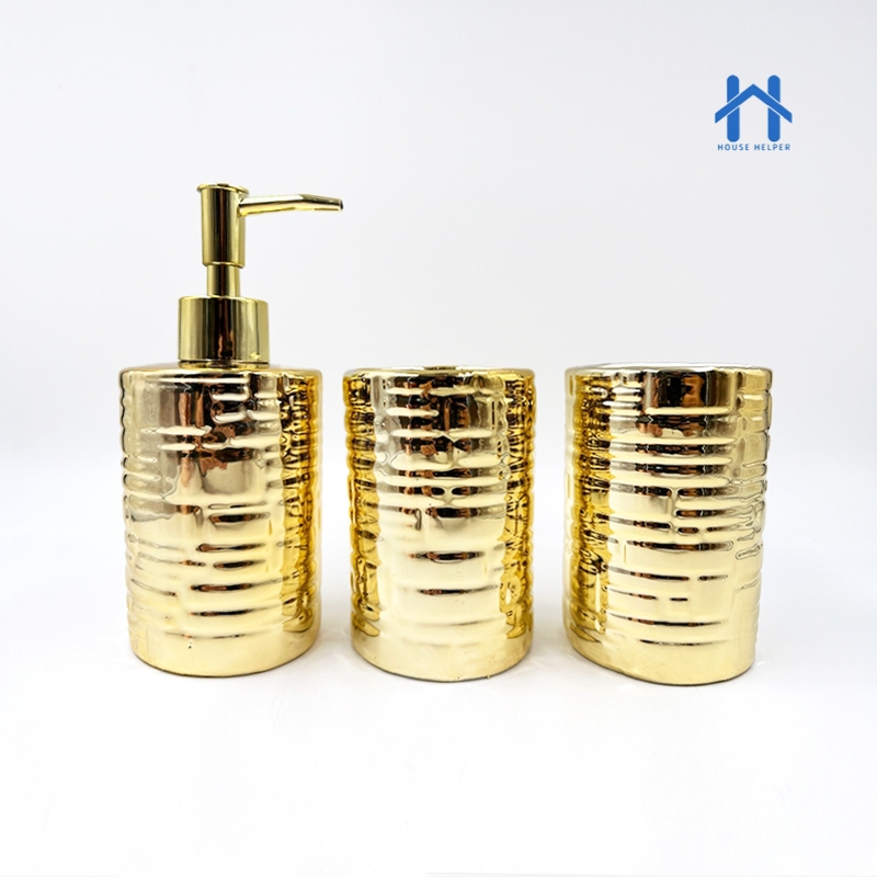 Kit de Banheiro (396C) Cerâmica 3 Peças Porta Sabonete Líquido /Porta Algodão/Porta Escova