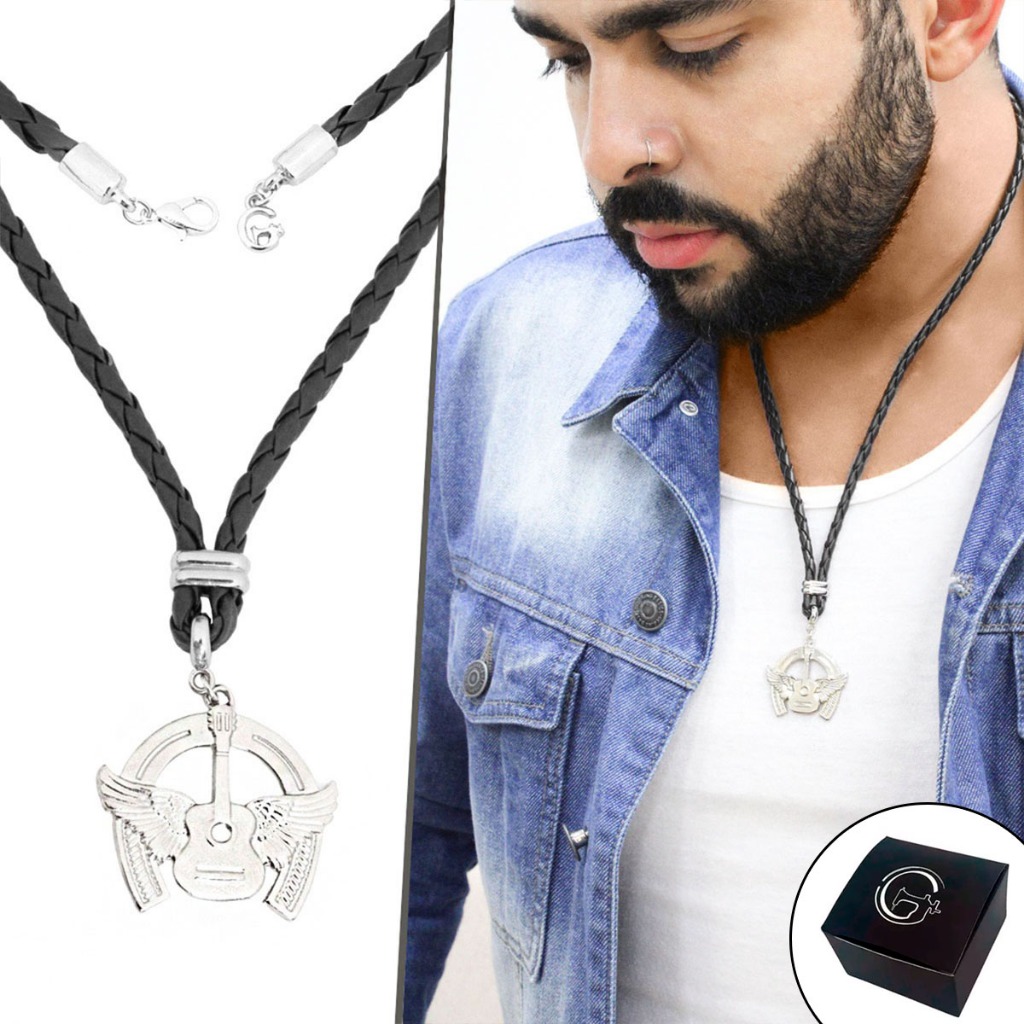 Gargantilha de Couro Preto Masculino Violão com Asas