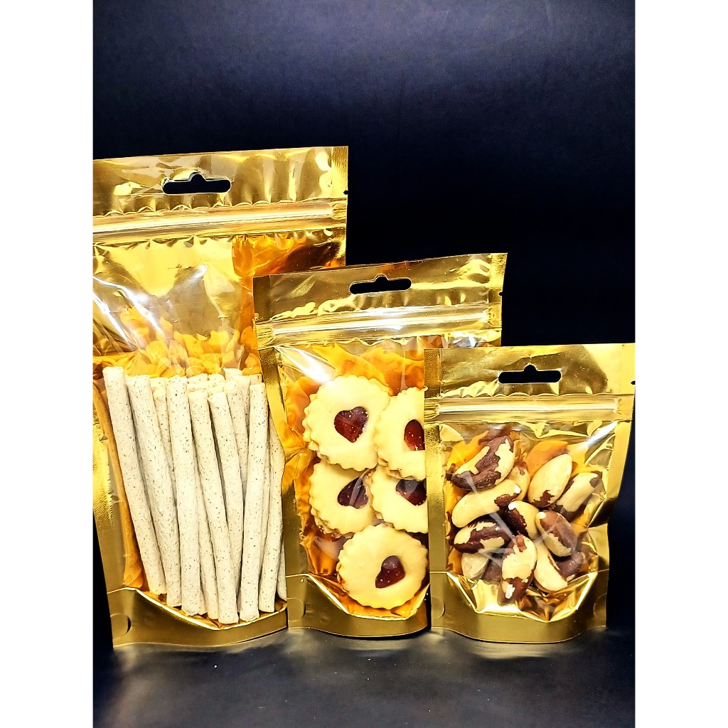 Standup pouch metalizado dourado ,hermetico ,stand up pouch/12X19 X 6 Cm/100 Un/furo europeu