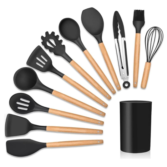 Jogo de Cozinha Kit C/12 Peças de Silicone Utensílios e Copo Suporte para Cozinha Cabo de Madeira Bambu