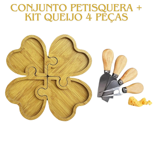 Kit Petisqueira Redonda Essencial Madeira + 4 Facas Queijo para Petiscos