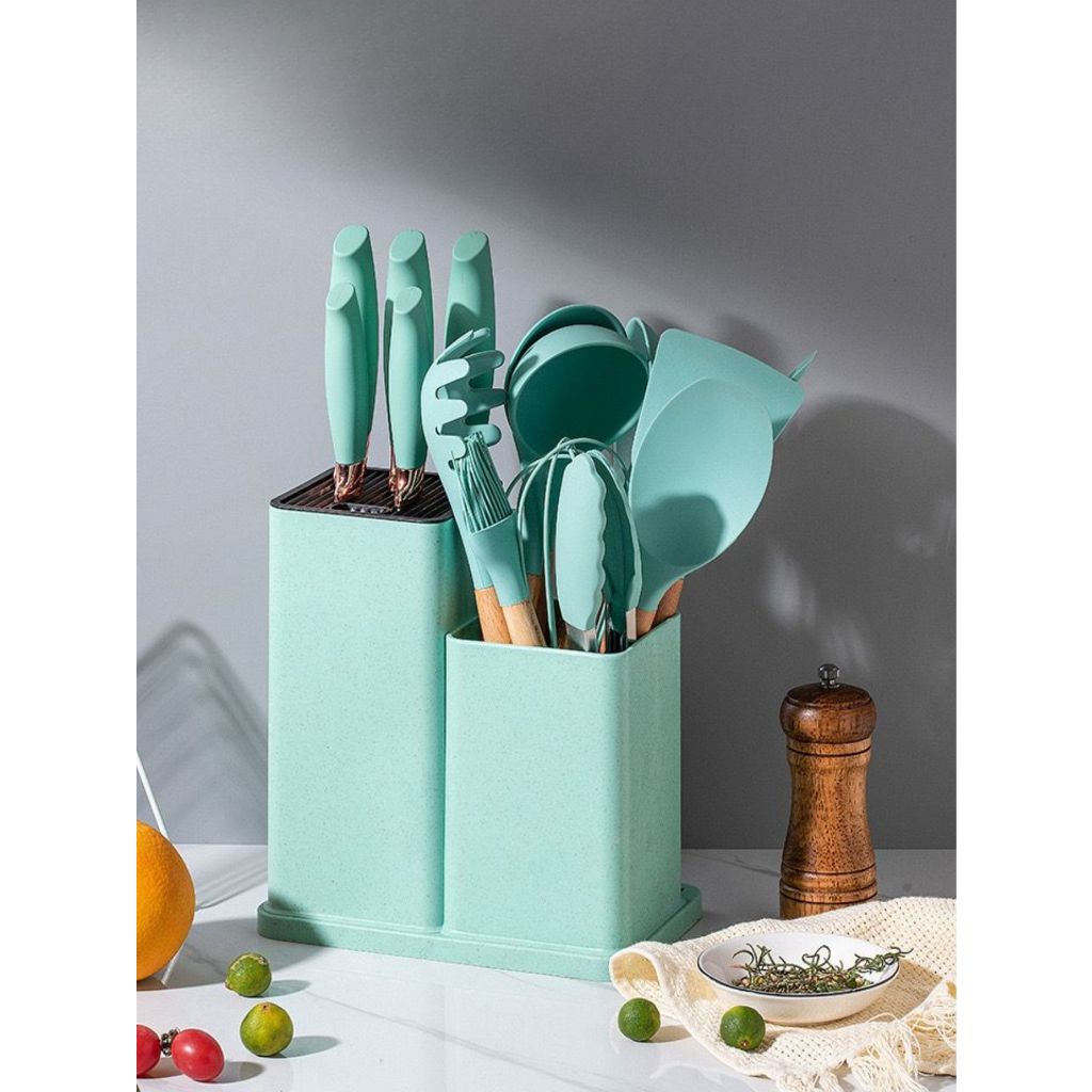 Jogo de Cozinha Kit c19 Peças Utensílios de Silicone Suporte para Cozinha Jogo de Facas e Tábua