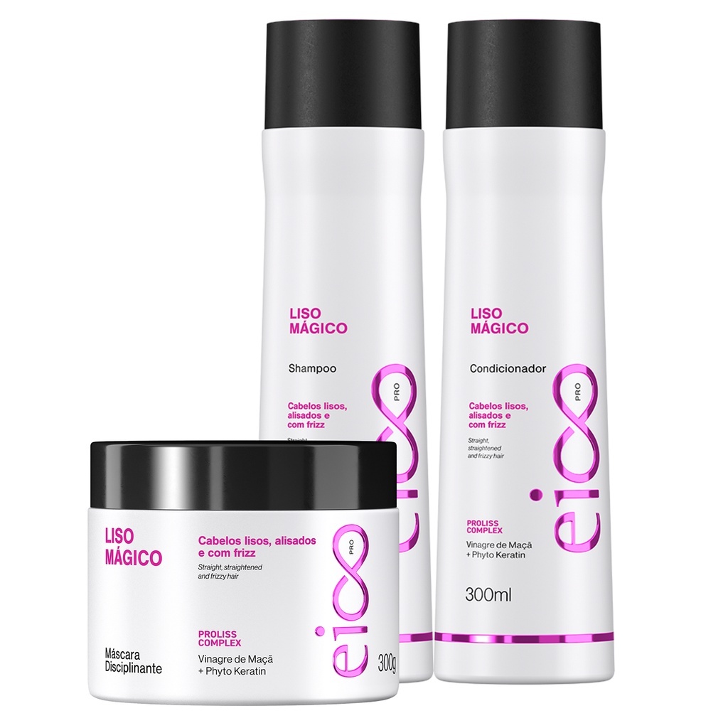 Eico Pós Progressiva Professional Liso Mágico Shampoo Condicionador 300ml e Máscara Capilar Tratamento Efeito Liso 300g