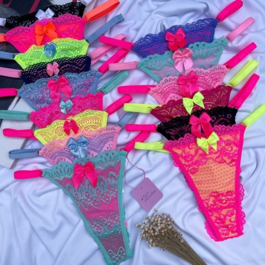 Kit 10 Calcinhas Em Renda Neon Bicolor Sensual Com Regulagem Tangas Coloridas em Oferta na Shopee