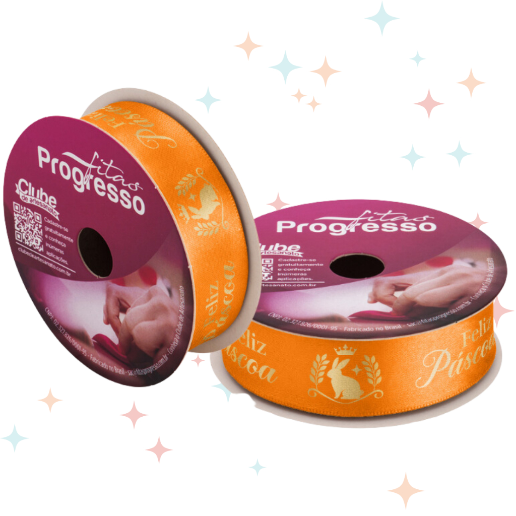 Fita de Cetim de Páscoa 22mm x 10m - Feliz Páscoa com fundo Laranja - 976 - 1 unidade - Fitas Progresso - Rizzo Distribuidora em Oferta na Shopee