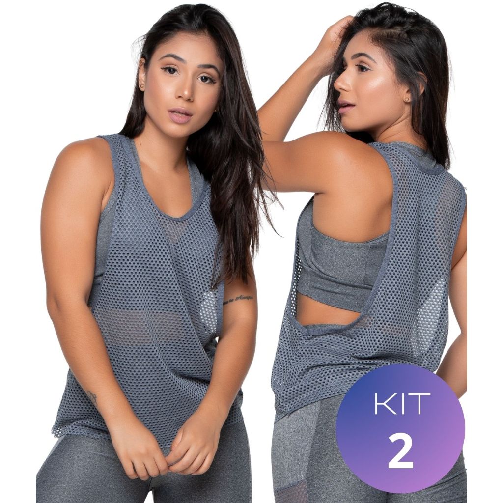 Kit 2 Cavada Regata Tela Blusa Furadinha Regata Fitness Telinha Promoção Moda Fitnes Academia