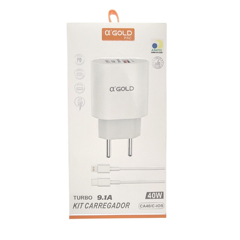 Kit Carregador Turbo 40w Carregador Rapido Para Celular IOS Turbo Carregador Saída USB-C Carregador 9.1A Fonte e Cabo  Qualidade Premium