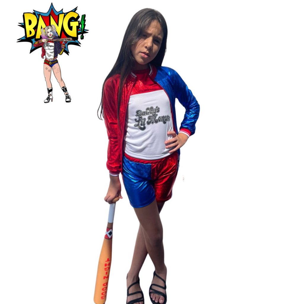 Roupa Da Arlequina Infantil Harley Quinn Com Casaco e Taco Roupa Infantil Camiseta Shorts