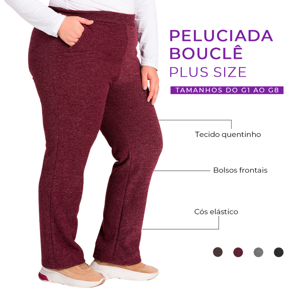 Calça Feminina Bouclê Plus Size G1 a G8 Tecido Quente e Elegante - Cós Elástico Bolsos Frente em Oferta na Shopee