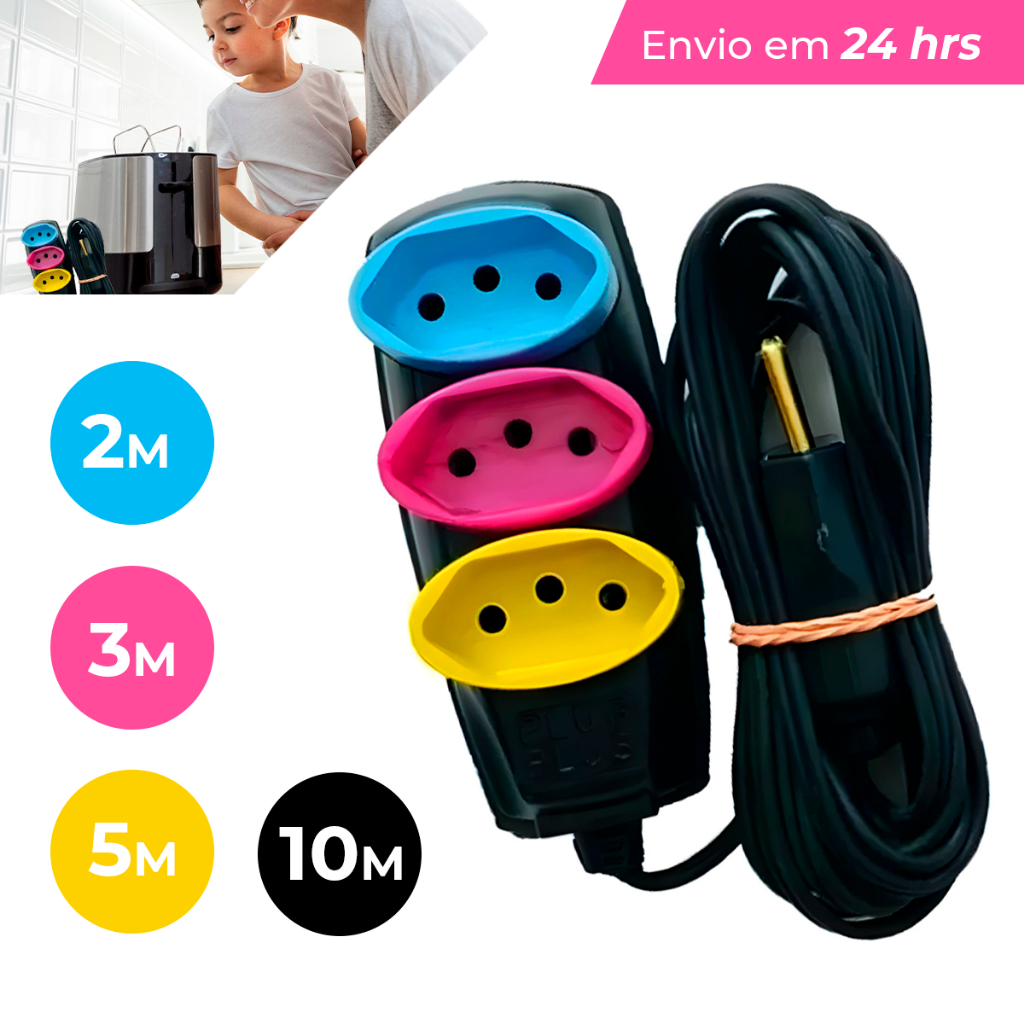 Extensão Elétrica 2/3/5/10 (METROS) Bivolt - Tomadas Tripolares Coloridas