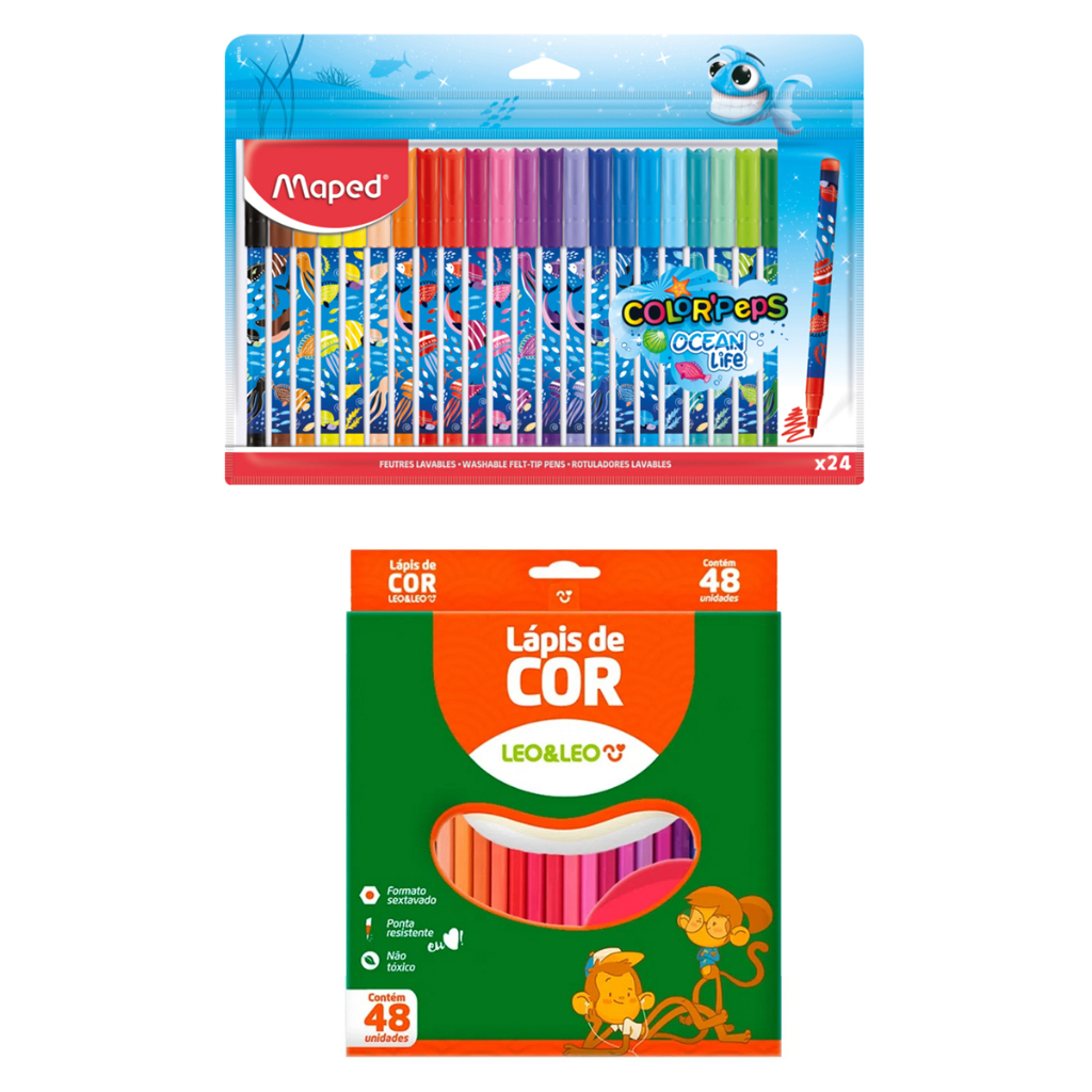 Canetinha 24 Cores Maped + Lapis De Cor 48 Cores - Leo E Leo