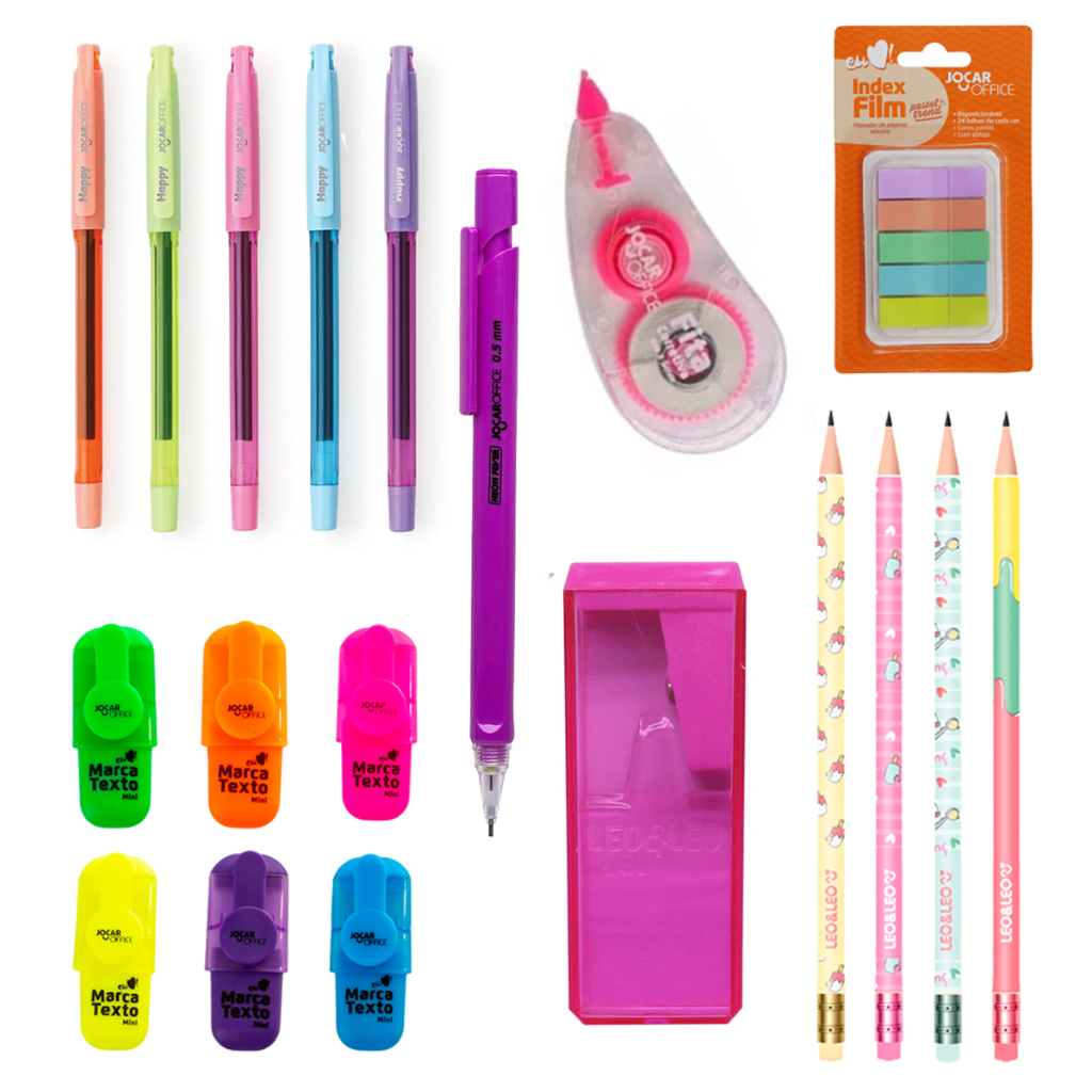 Kit Escolar Neon Com 19 Itens Lapis Caneta Marca Texto Apontador Lápis Grafite - Leo e Leo