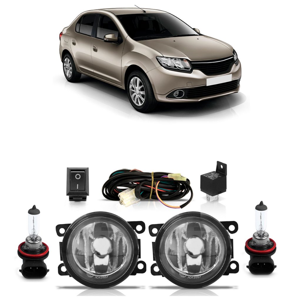 Kit Par Farol de Milha Auxiliar Logan 2014 A 2016 + Par Lâmpada Halógena Completo Lente Lisa Vidro