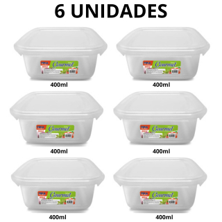 Kit 6 Potes Plásticos 400ml Transparente Marmita Fitness Organizador Micro-ondas Freezer Casa Utilidades