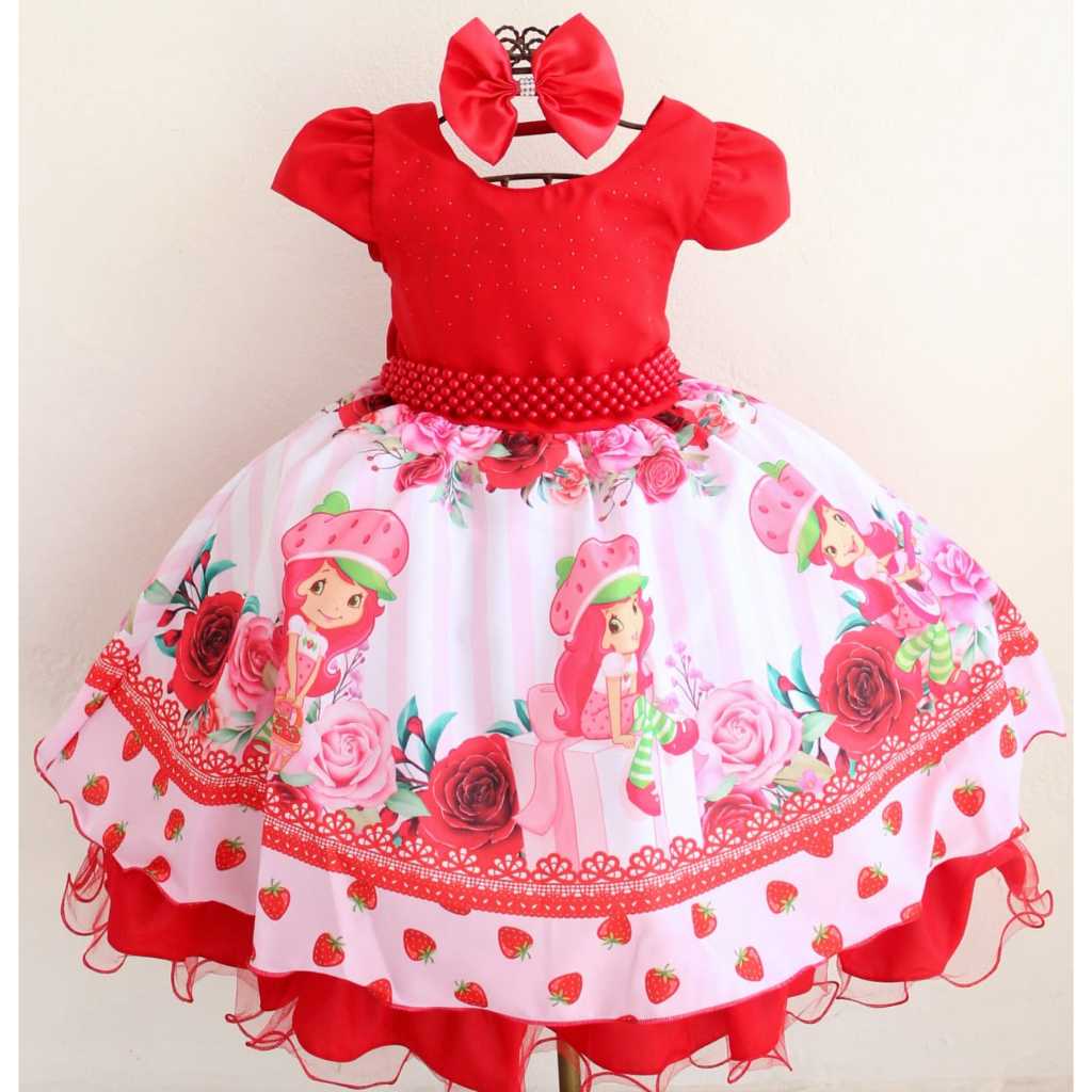 Vestido Para Festa Infantil Tema Moranguinho E Tiara Luxo