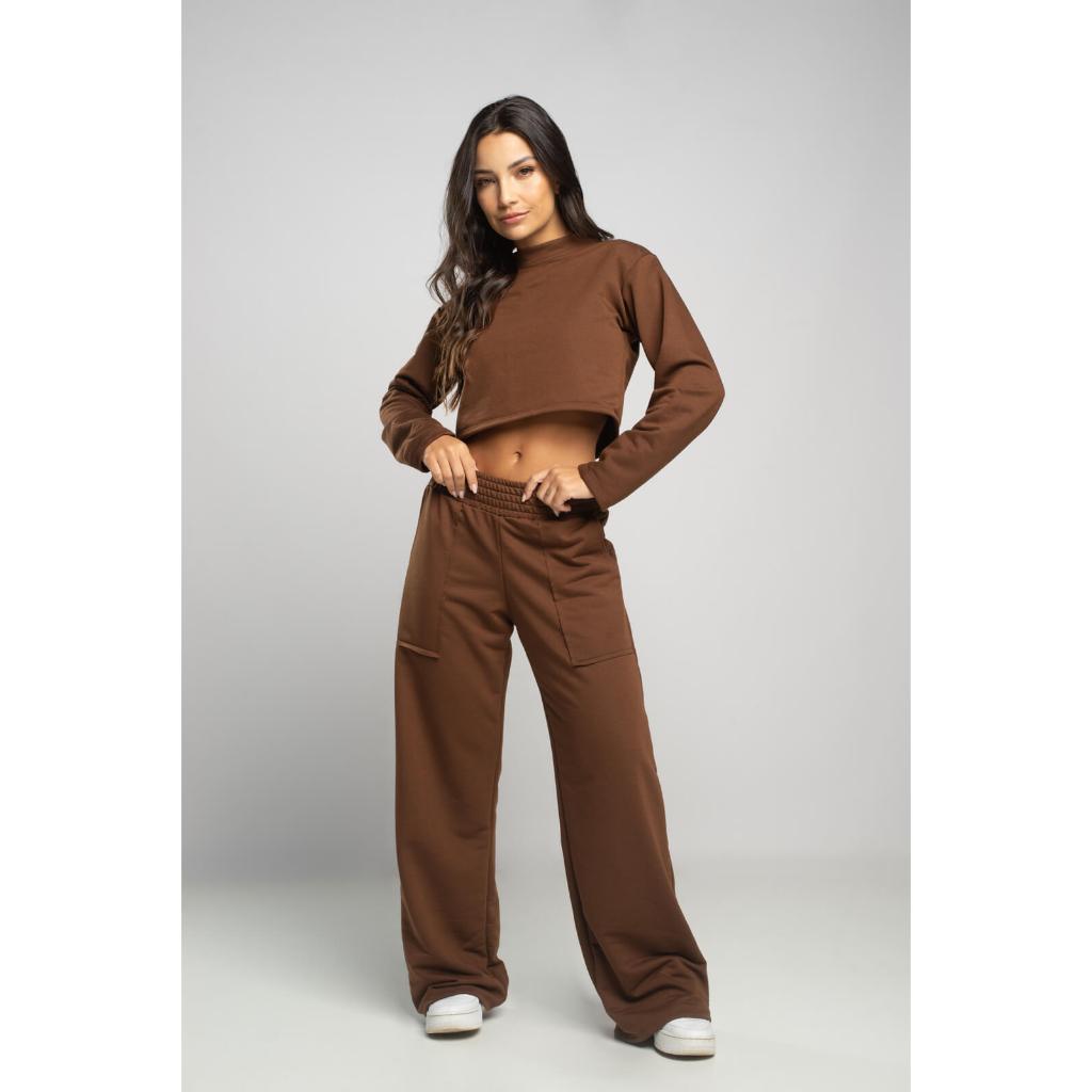 Conjunto Vicbela Feminino Calça Pantalona Wide Leg e Casaco Cropped Moletinho