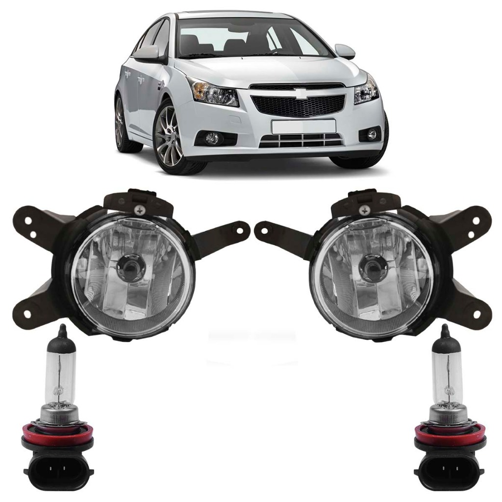 Kit Farol Milha Auxiliar + Lâmpada H8 Cruze 2010 2011 2012 2013 2014 Lente Lisa Acrilico