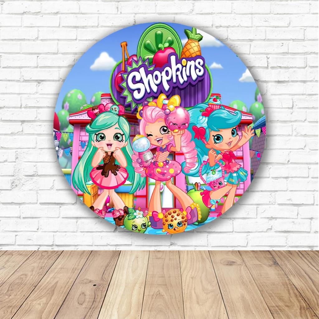 Capa para Painel Redondo Shopkins Tecido Sublimado Veste Fácil 1,50mx1,50m Festa Aniversário