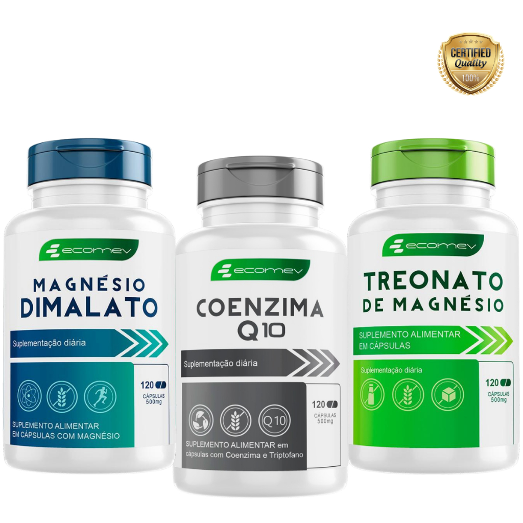 Kit Saude Coenzima Q10 Ubiquinol + Magnesio Dimalato + L Treonato Puro 500mg 360Cáp Ecomev