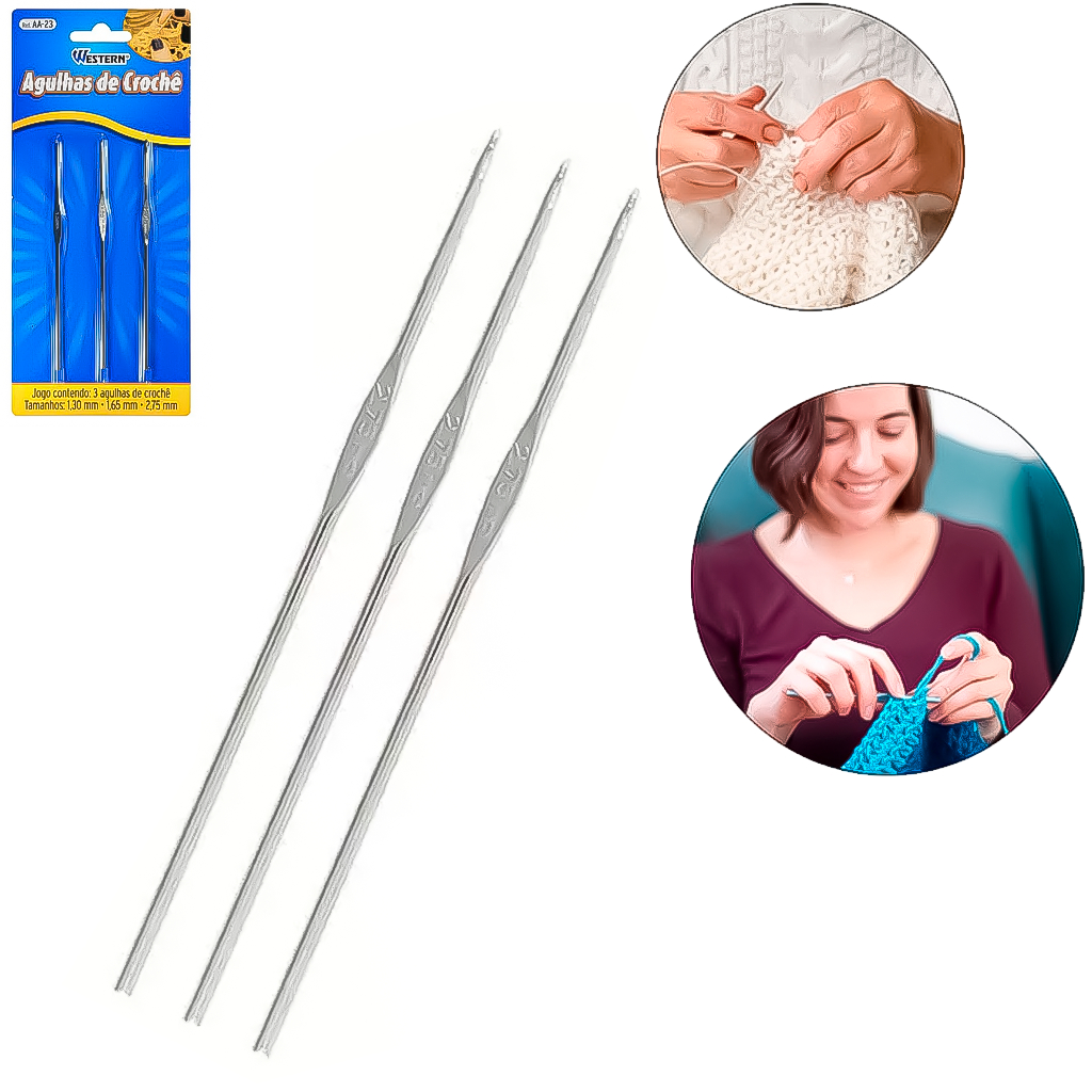 Kit 3 Agulhas Para Crochê Em Aço Carbono Profissional 1,3mm - 1,65mm - 2,75mm Fino Artesanato