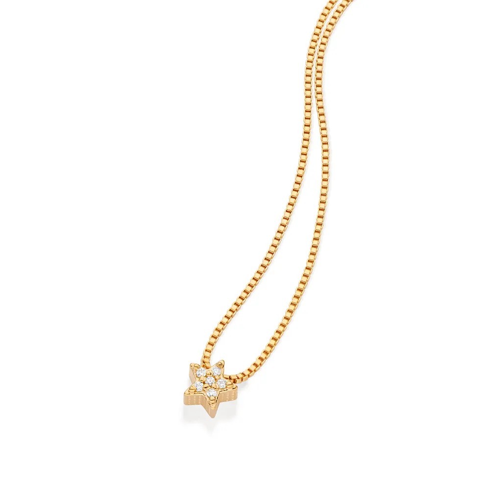 Colar De Ouro 18k Feminino Corrente Veneziana Com Pingente Estrela Cravejado Pedra Zircônia 50 CM 45 CM Rommanel 532501