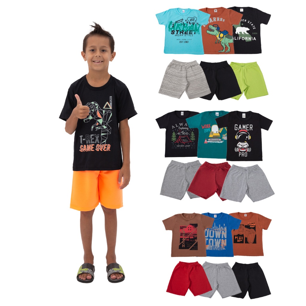 KIT Sortido com 6 peças sendo 2 camisas + 1 regata + 3 bermudas peça infantil menino  criança