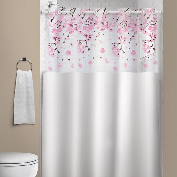 cortina para banheiro com visor estampado e transparente com ilhós Cerejeira