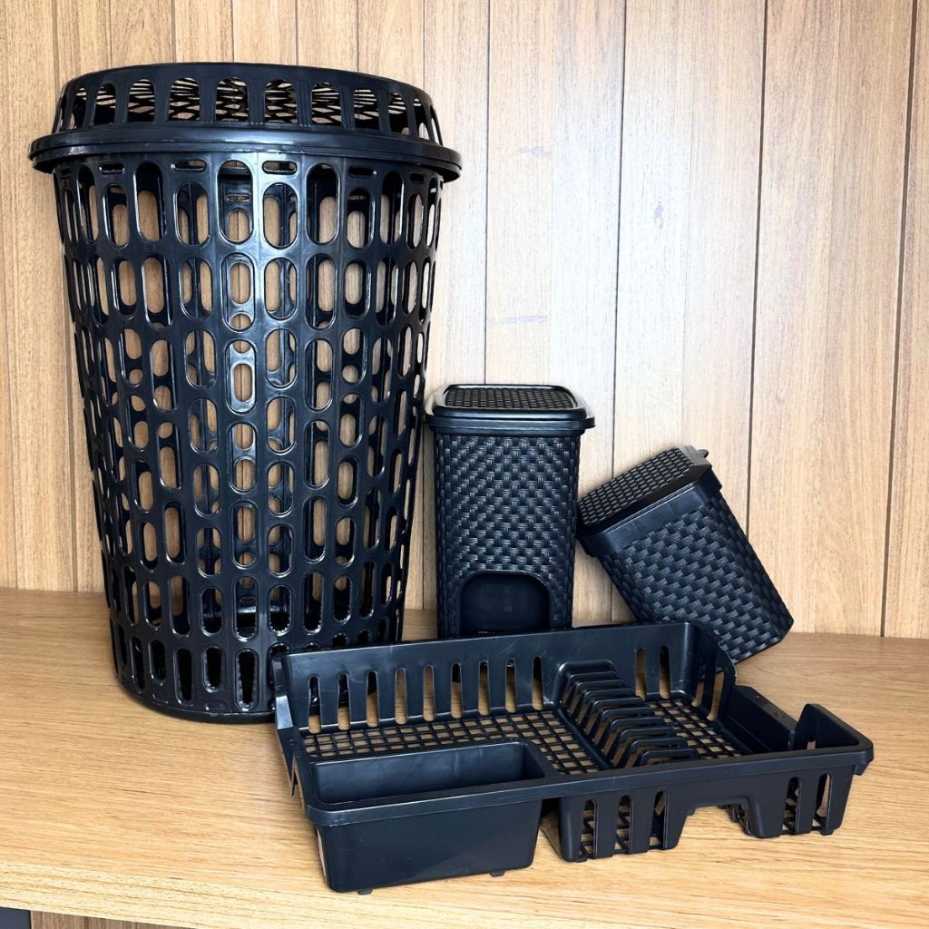 Conjunto Harmonioso com 06 Peças: Cesto 60l + Escorredor + Lixeira 07l + Lixeira 05l + Pota Detergente com