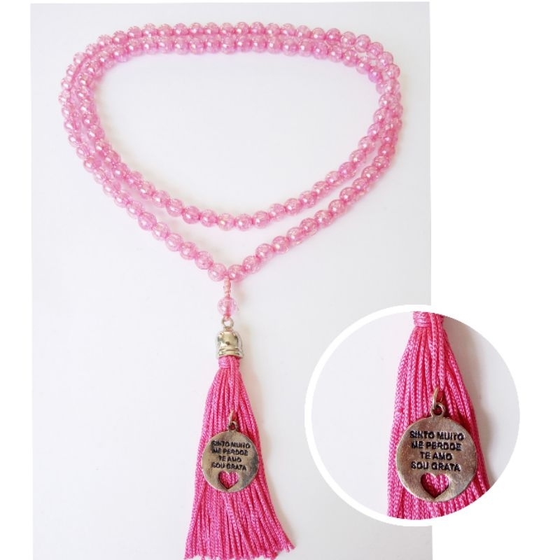 Imagem Japamala 108 Contas Irisada Rosa com Pingente Ho'oponopono Rosário Budista Meditação Ref:470