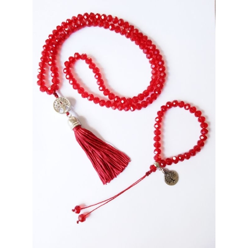 Imagem Japamala 108 Contas Cristal Vermelho 8 mm + Pulseira 27 Contas Rosário Budista Meditação Ref:472